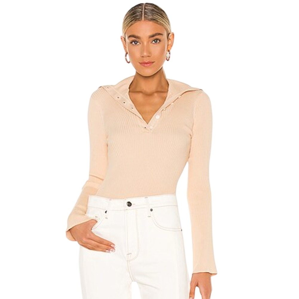 FRAME Vanilla Silk Cotton Blend Foldover Collar Henley Ribbed Sweater Small